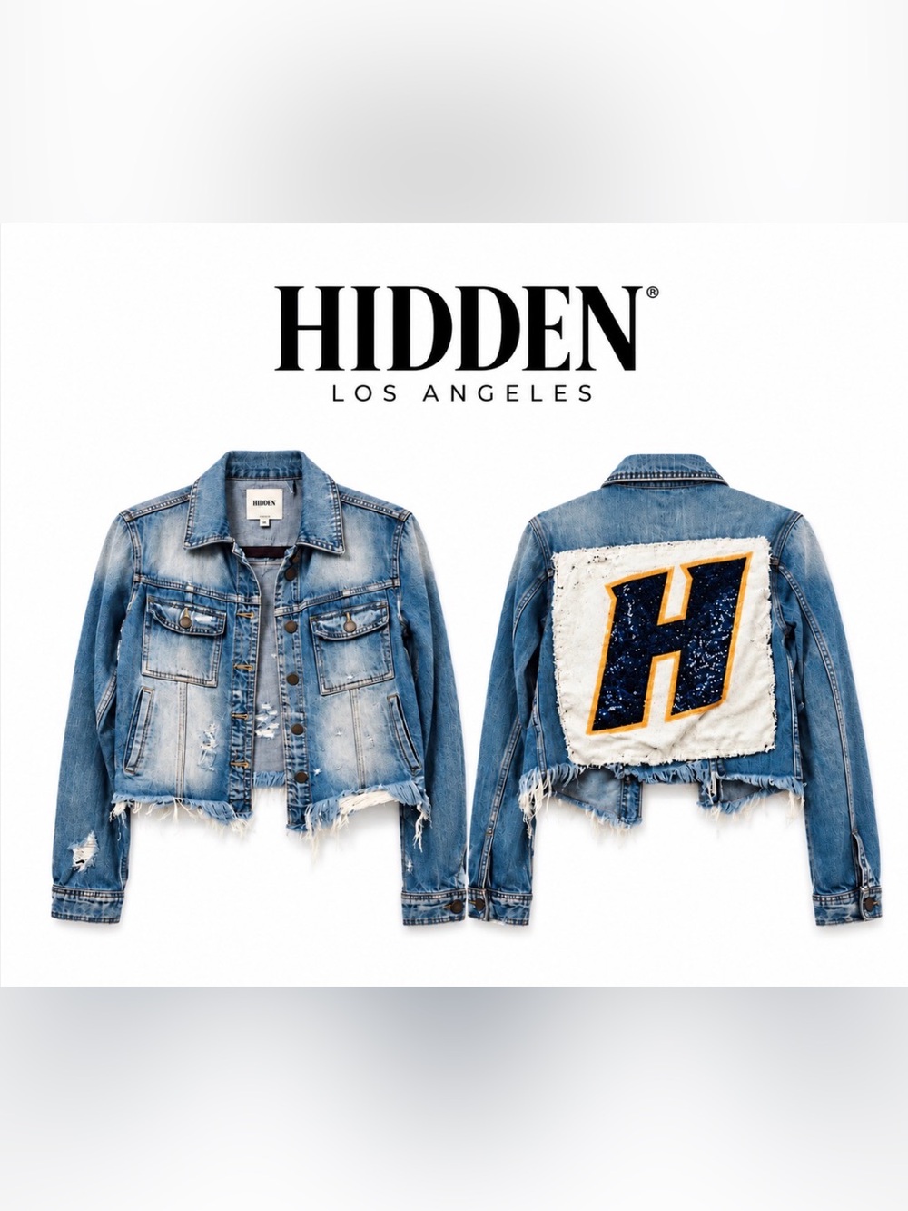 Hidden Jean Sequin Varsity H Distressed Denim Jacket Y2K - Picture 2 of 7